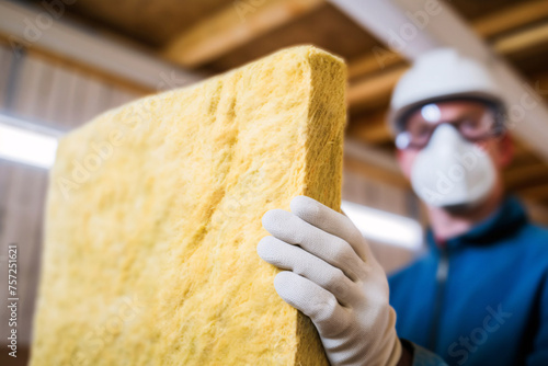 Construction worker with protective mask installing mineral wool filling used as isolation material in walls photo