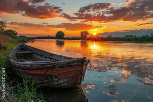 Old wooden boat anchored on the bank of a river, sunset in the background. © Deivison