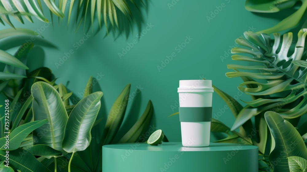 product mock-up with a travel mug on a green platform surrounded by tropical foliage, promoting summer escapes product mock-up with a travel mug on a green platform surrounded by tropical foliage, promoting summer escapes