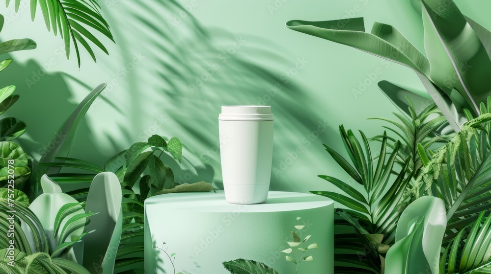 product mock-up with a travel mug on a green platform surrounded by tropical foliage, promoting summer escapes product mock-up with a travel mug on a green platform surrounded by tropical foliage, promoting summer escapes