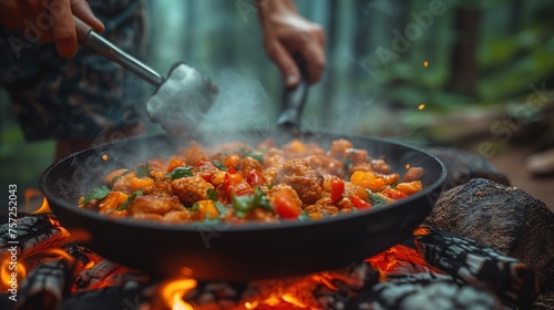 frying pan with meat stew on fire photo