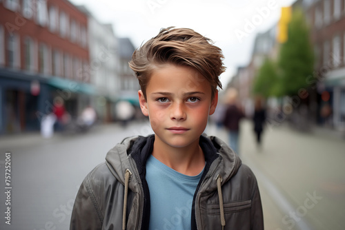 A Scandinavian Beautiful boy in his teens or young talking head shoulders shot bokeh out of focus background on a cosmopolitan western street vox pop website review or questionnaire candid photo