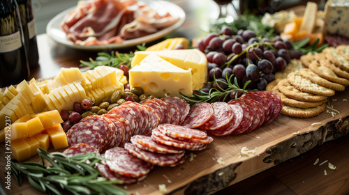 Wide-angle shot of an abundant gourmet charcuterie spread across a wooden board at an event