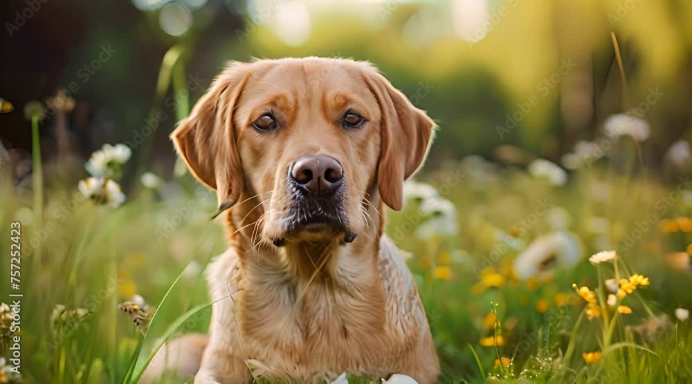 dog sitting in beautiful flower garden dog sitting in beautiful flower garden
