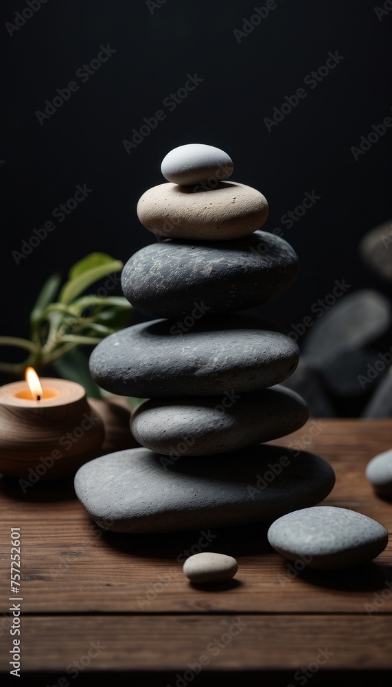 Serene Elegance Stack of Spa Stones Resting on Wooden Table Tray, Against a Dark Backdrop, Creating an Elegant Arrangement Serene Elegance Stack of Spa Stones Resting on Wooden Table Tray, Against a Dark Backdrop, Creating an Elegant Arrangement