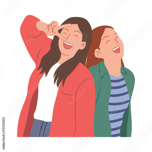 Friendship of two close friends standing and laughing happily together isolated on white background, illustration.