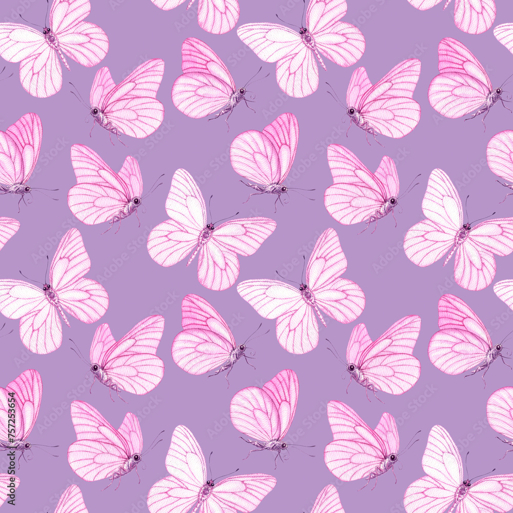 Watercolour Butterflies with pink wings illustration seamless pattern. On violet background. Hand-painted elements insect. Hand drawn delicate insects. For decoration, postcard, fabric, wrapping paper