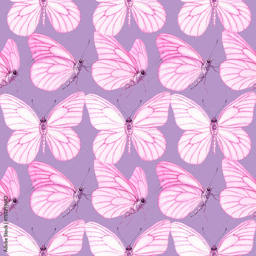 Watercolour Butterflies with pink wings illustration seamless pattern. On violet background. Hand-painted elements insect. Hand drawn delicate insects. For decoration, postcard, fabric, sketchbook