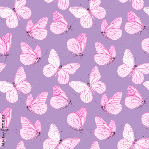 Watercolour Butterflies with pink wings illustration seamless pattern. On violet background. Hand-painted elements insect. Hand drawn delicate insects. For decoration  postcard  fabric  wrapping paper