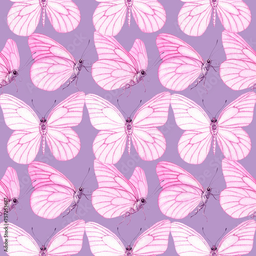 Watercolour Butterflies with pink wings illustration seamless pattern. On violet background. Hand-painted elements insect. Hand drawn delicate insects. For decoration  postcard  fabric  sketchbook