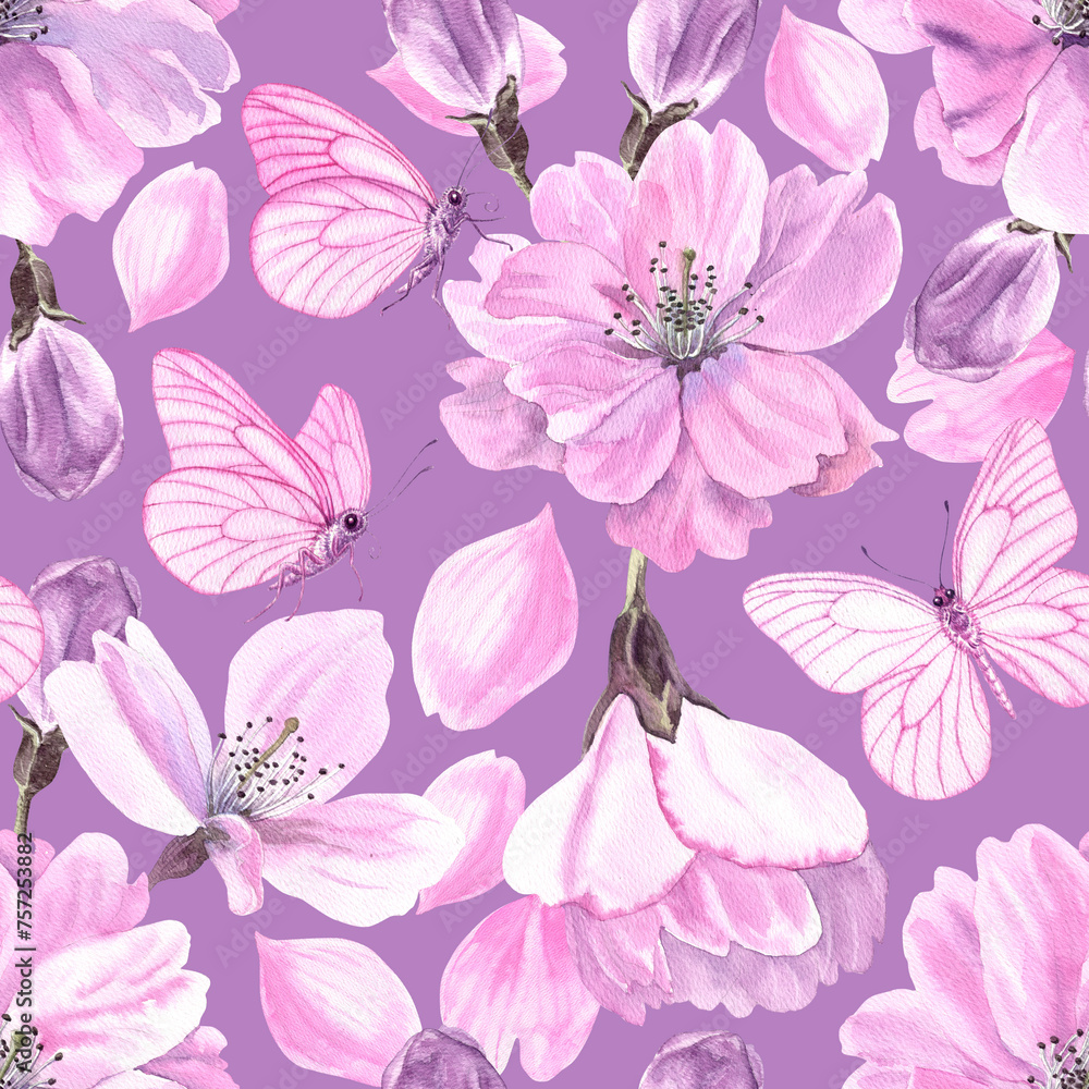 Watercolour Sakura spring flowers illustration seamless pattern. Butterflies with pink wings. Seasonal Cherry blossom. On violet background. Hand-painted. Botanical Floral elements. Print, wrapping