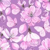 Watercolour Sakura spring flowers illustration seamless pattern. Butterflies with pink wings. Seasonal Cherry blossom. On violet background. Hand-painted. Botanical Floral elements. Print, wrapping