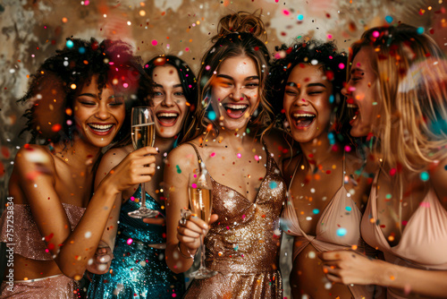 Vibrant Cultural Sisterhood: Embracing Diversity with Laughter, Champagne, and Stylish Attire in Confetti-Filled Celebration