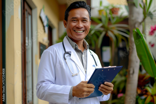 Positive Attitude: Middle-aged Male Doctor in White Coat Holding Clipboard, a Professional Healthcare Provider with a Smile photo
