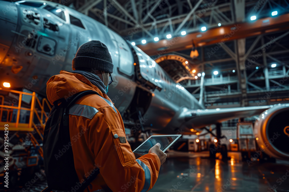 Naklejka premium Innovative engineer managing aircraft assembly in hangar using digital tablet