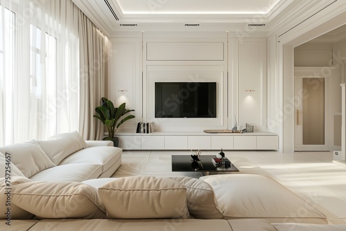 Modern white and beige living room with a large flat-screen TV.