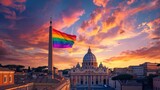gay flag waving next to St. Peter's Basilica on a beautiful sunset in high resolution and high quality. gay church concept