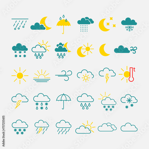 Vector set of weather icons. Sun and rain, wind and snow and many others.