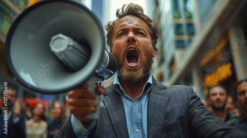 frontal portrait of businessman in suit, shouting through a megaphone outside in front of office glass building, blurred background 