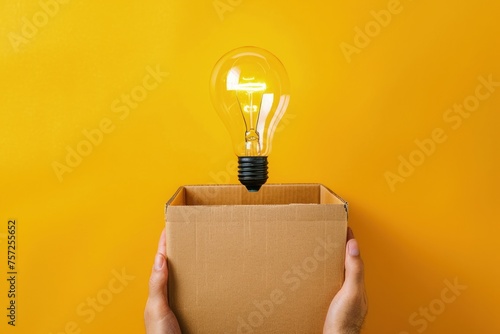 Hand coming out of a cardboard box holding a light bulb, concept of idea and creativity.