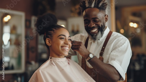 Visiting hairdressing salon. African American woman in stylish barber shop
