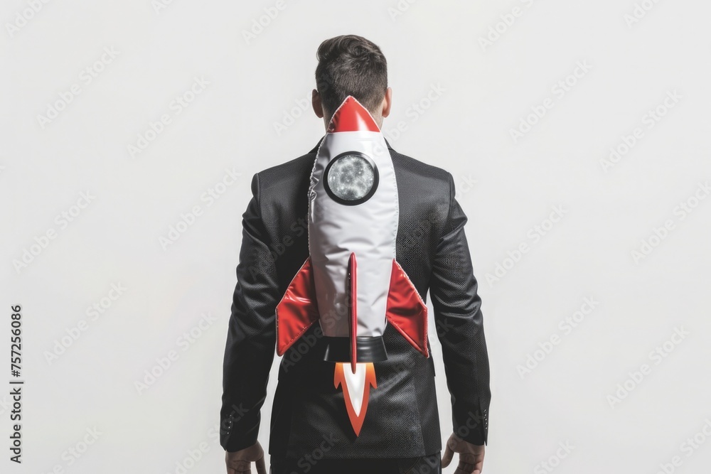 Businessman with rocket on his back, business and startup concept. Businessman with rocket on his back, business and startup concept.