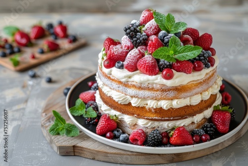 Delicious cake; naked cake with berries and whipped cream decorated with mint leaves