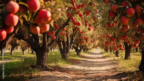 Beautiful large orchard with rows of fresh ripe apples ready for harvesting in autumn season photo