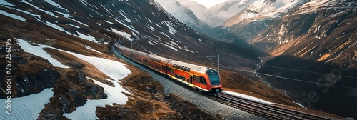 Panoramic banner of train in mountain valley with green forest © Barosanu