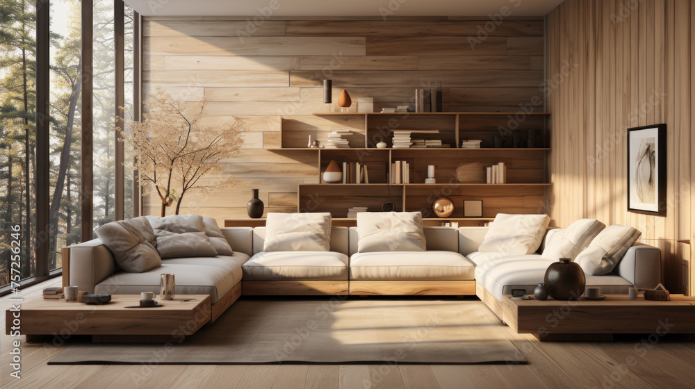 Mockup of a living room in a warm wooden house style with a large picture frame.
