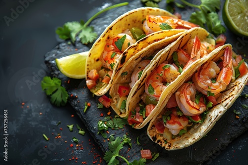 Shrimp tacos on dark background. Mexican traditional cuisine. Seafood recipes.