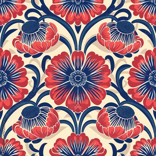 Red and Blue colored endless floral pattern with white background in 1900s style. Created with AI.