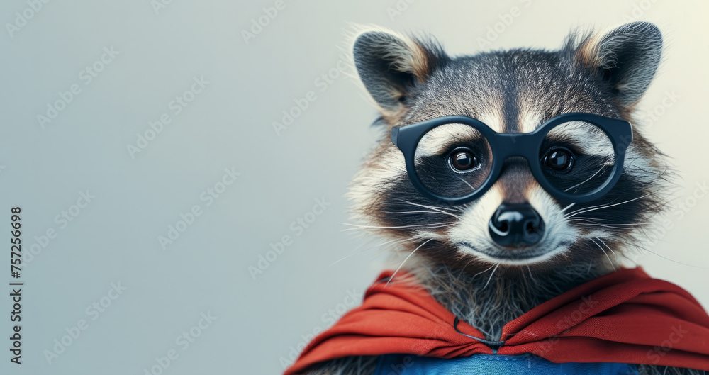 Close up portrait of a raccoon in a superman costume wearing glasses
Close up portrait of a raccoon in a superman costume wearing glasses