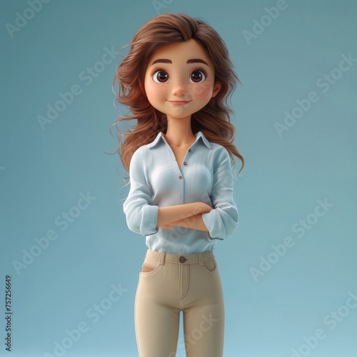 Cartoon female, 3D and illustration for animation on backdrop. Character or studio concept for mock up. Realistic, innovative rendering. Graphic, design and creative inspiration in cutting-edge visua photo