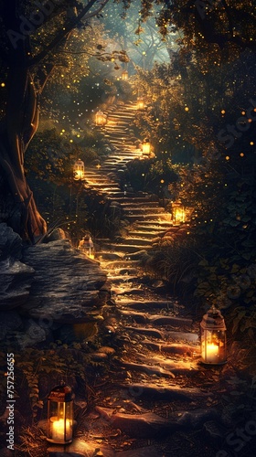 Spiritual Journey A path lined with guiding lights and spiritual symbols leading towards enlightenment