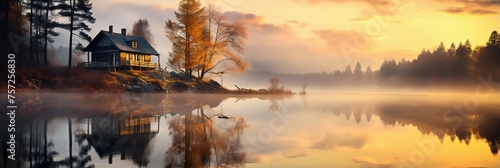 Digital art of a lake with an island and forests in the background photo