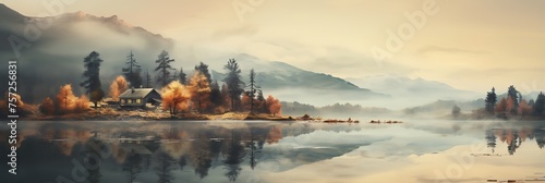 Digital art of a lake with an island and forests in the background © Nataliia