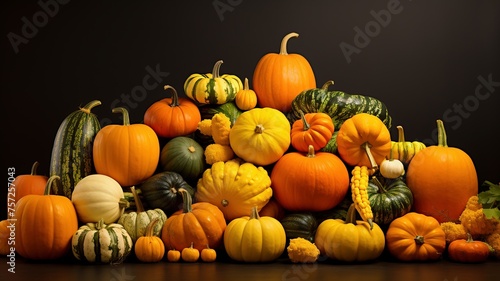 Autumn harvest, colorful pumpkins, still life colorful poster design background 3D Illustration