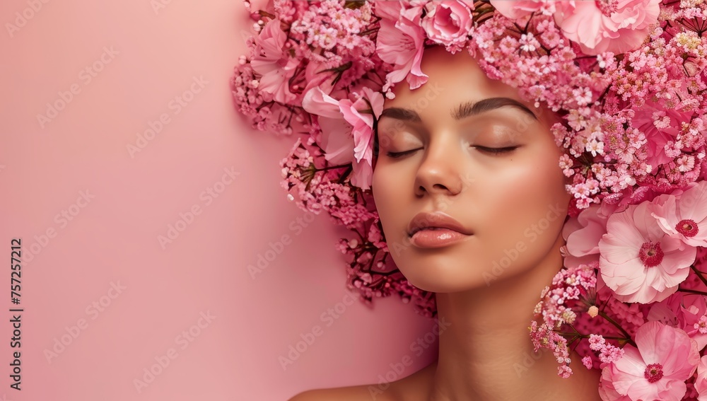 Woman with pink flowers on her head and hair, pastel color background, copy space concept. 