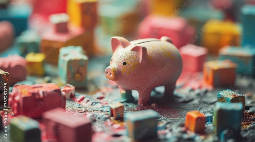 miniature piggy bank with toy vibes in isometric perspective
