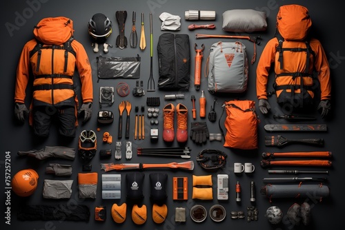 Mountain adventure tourists essential items and gear layout for outdoor mountaineering experience