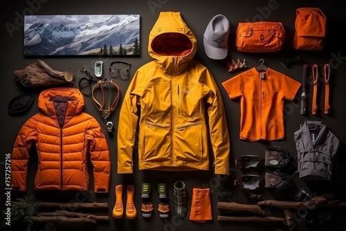 Mountain adventure essentials - tourists belongings layout for trip in the mountains