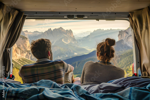 A couple relaxes on vacation in their camper van campin a picturesque backdrop photo