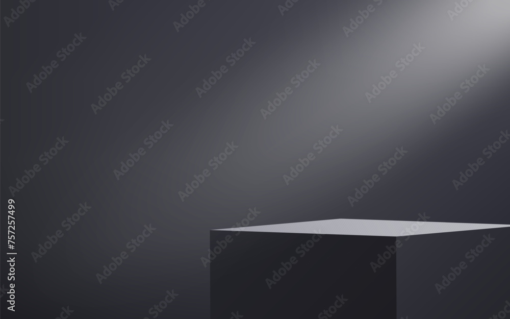 Black cylinder pedestal podium. Dark podium with glow. Empty room with spotlight effect. Use for product display presentation, cosmetic display mockup, showcase, media banner, etc.