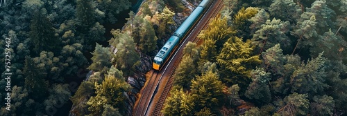 Panorama of train on railroad tracks traveling through mountain landscape © Barosanu