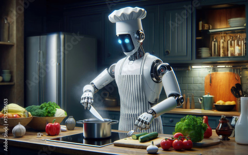 Chef robot Cooking In the kitchen of the future home genius. Intelligent robots work in modern homes, future lifestyle ideas. photo