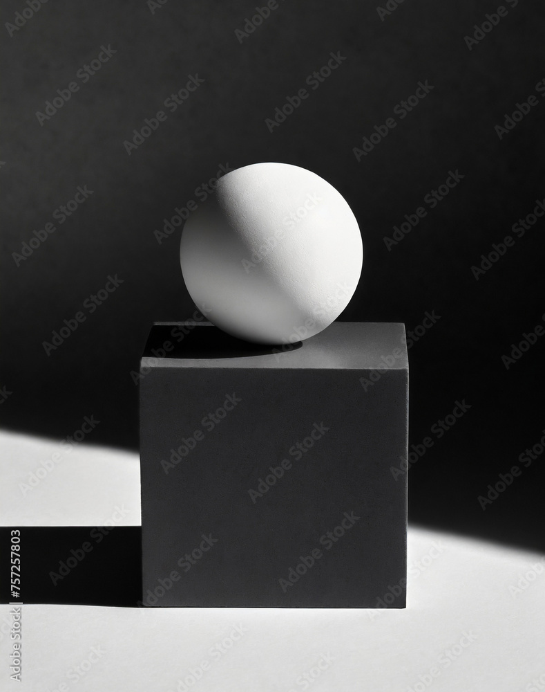 black and white studio photograph depicting a ball balanced on top of a square box black and white studio photograph depicting a ball balanced on top of a square box