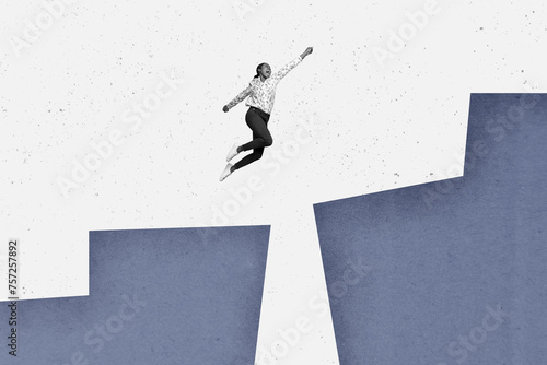 Creative image photo collage flying young excited girl overcome obstacle abyss hole motivation reach goal target white background