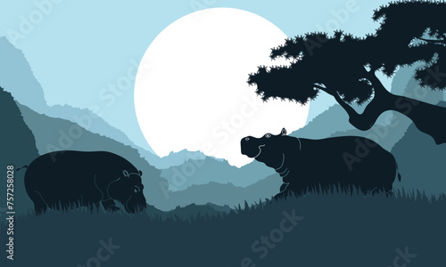 mountain landscape illustration of night forest and Rhino  flat vector design background