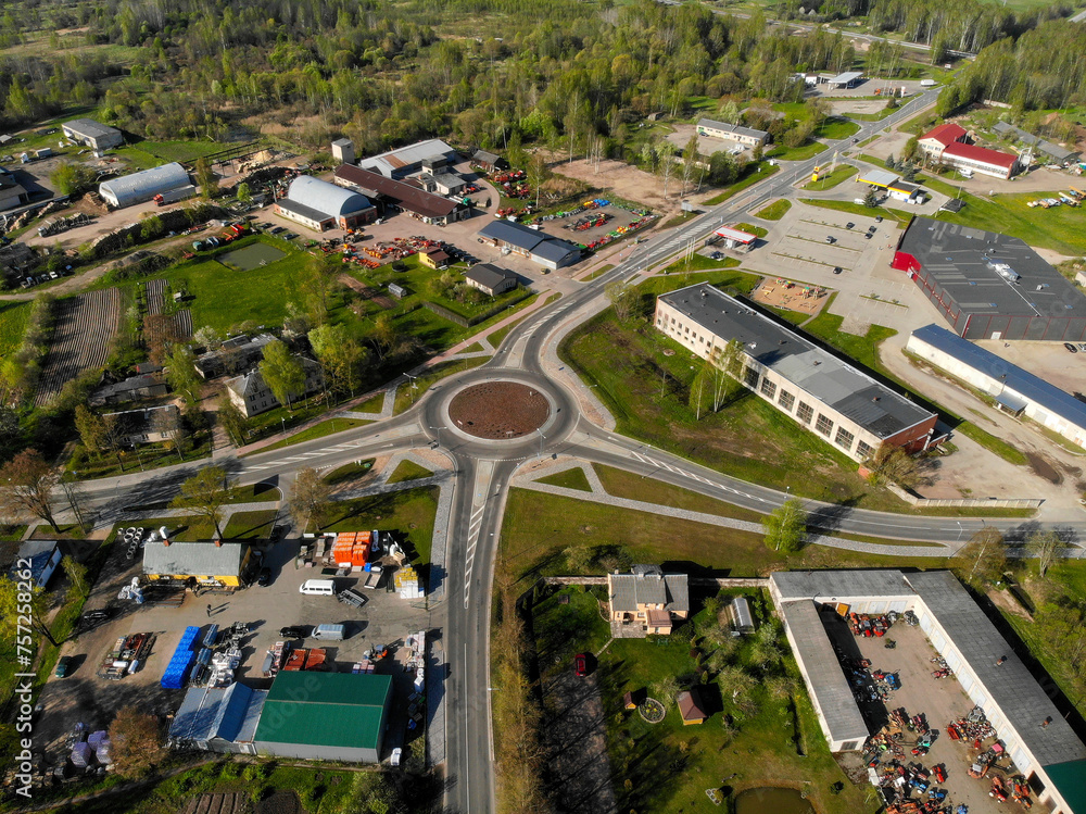aerial view of a roundabout in the city in summer